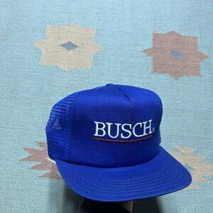 Vintage 80s trucker hat mesh cap Busch beer embroidered logo made in USA blue